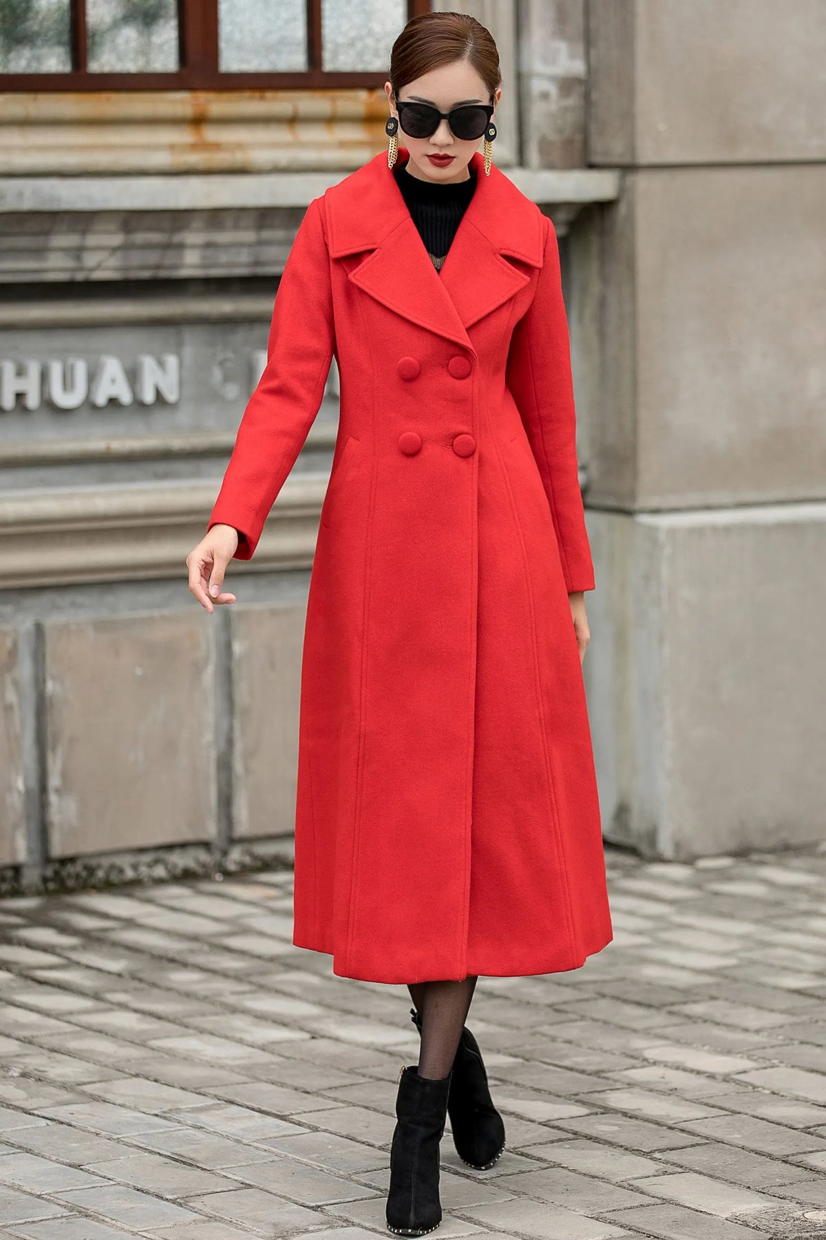 Handmade Red Wool Coat – Vintage Double Breasted Long Winter Overcoat 