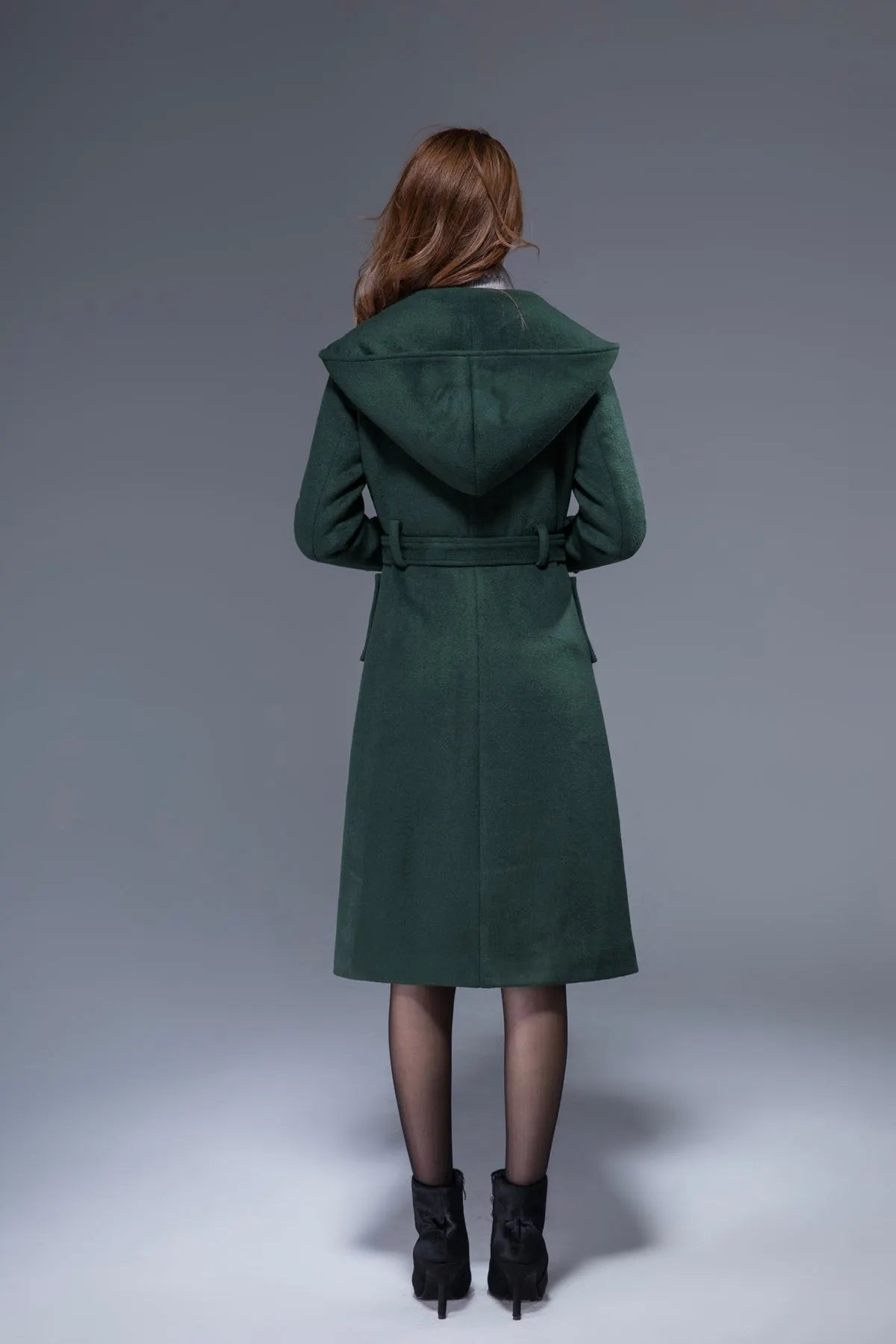 Vintage Wool Coat for Women – Handmade Green Double Breasted Hooded Belted Winter Coat 