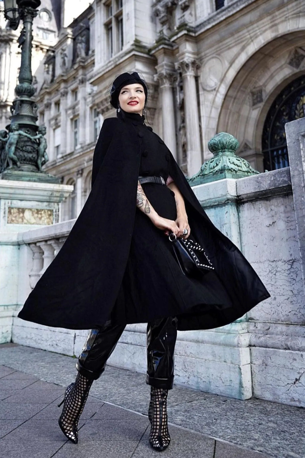 Black Wool Cape Coat - Double Breasted Knee-Length Stand Collar 3373