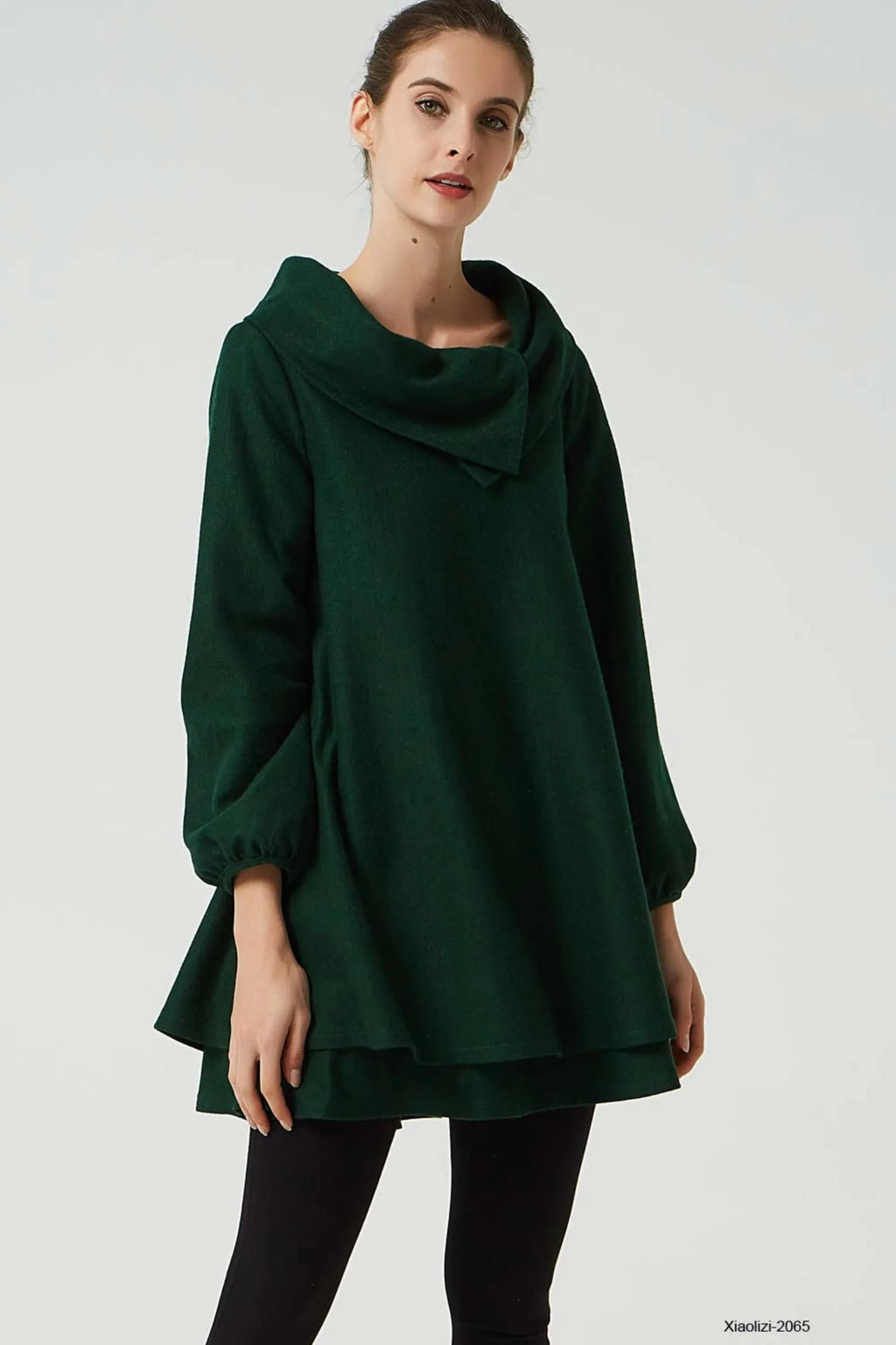 Army Green Wool Tunic Dress - Draped Cowl Neck & Layered Hem 2065