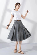 Gray Cotton Linen Pleated Midi Skirt - Flare Circle Swing Silhouette 5801
