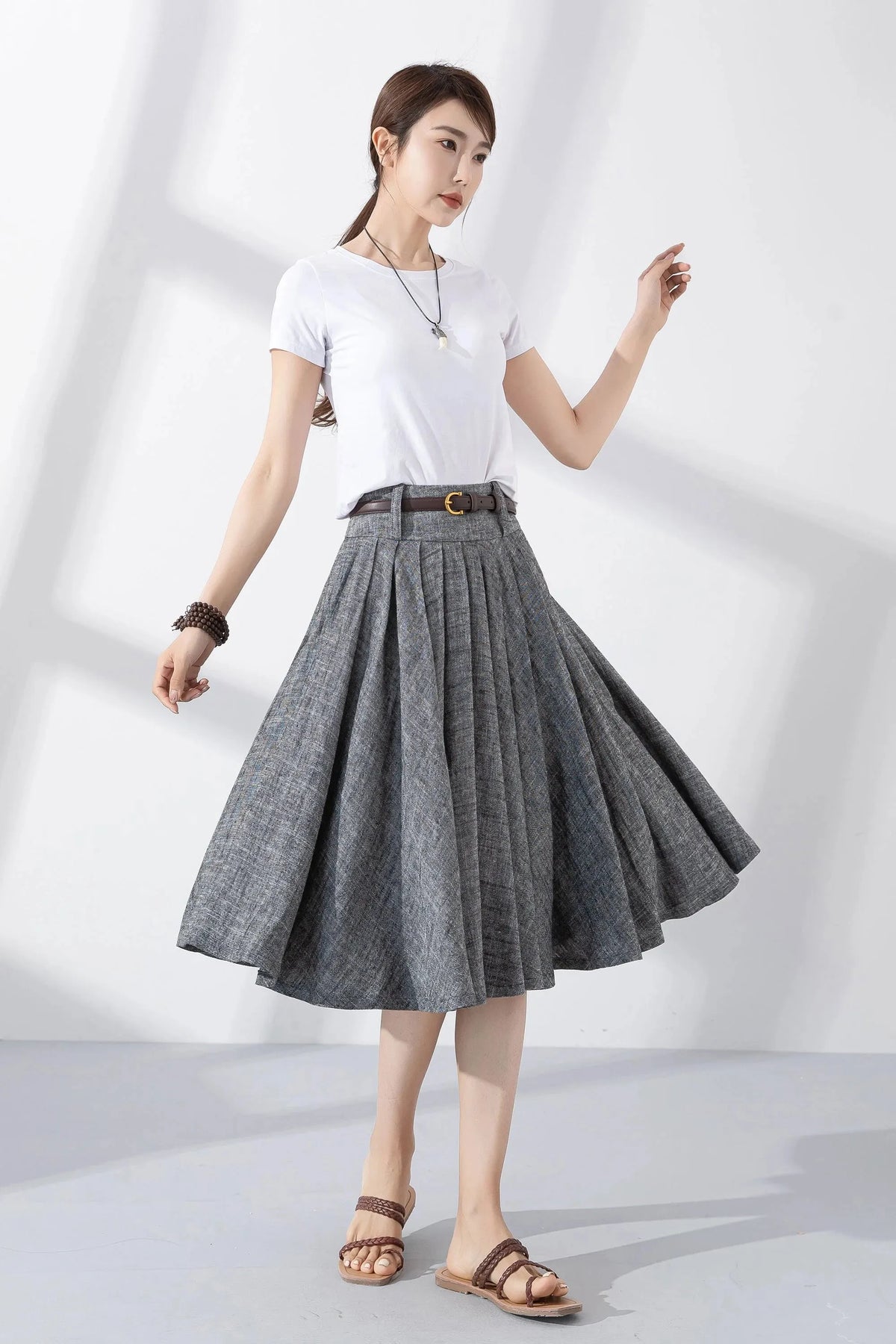 Gray Cotton Linen Pleated Midi Skirt - Flare Circle Swing Silhouette 5801