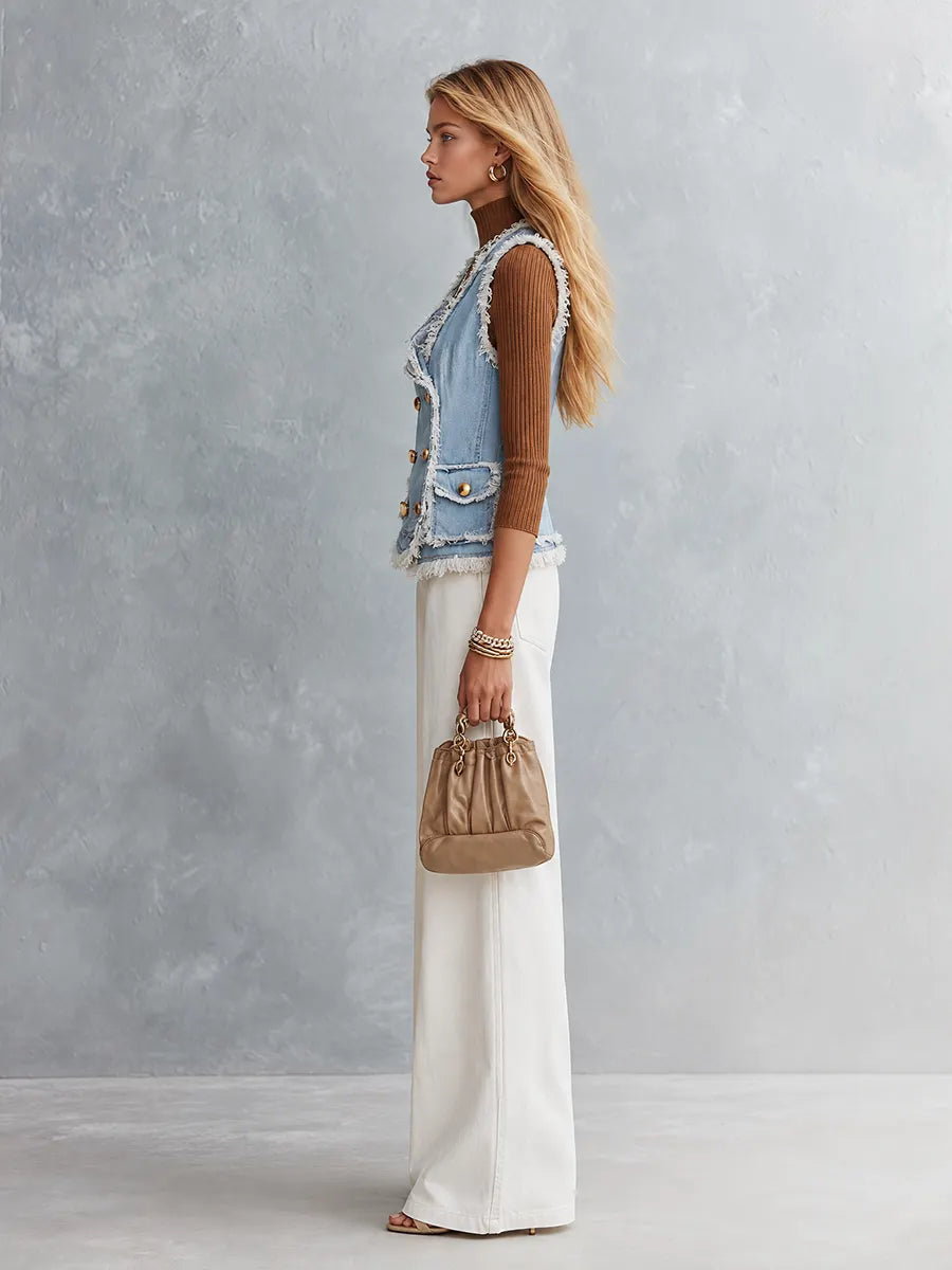 Light Blue Frayed Gold Button Front Denim Vest