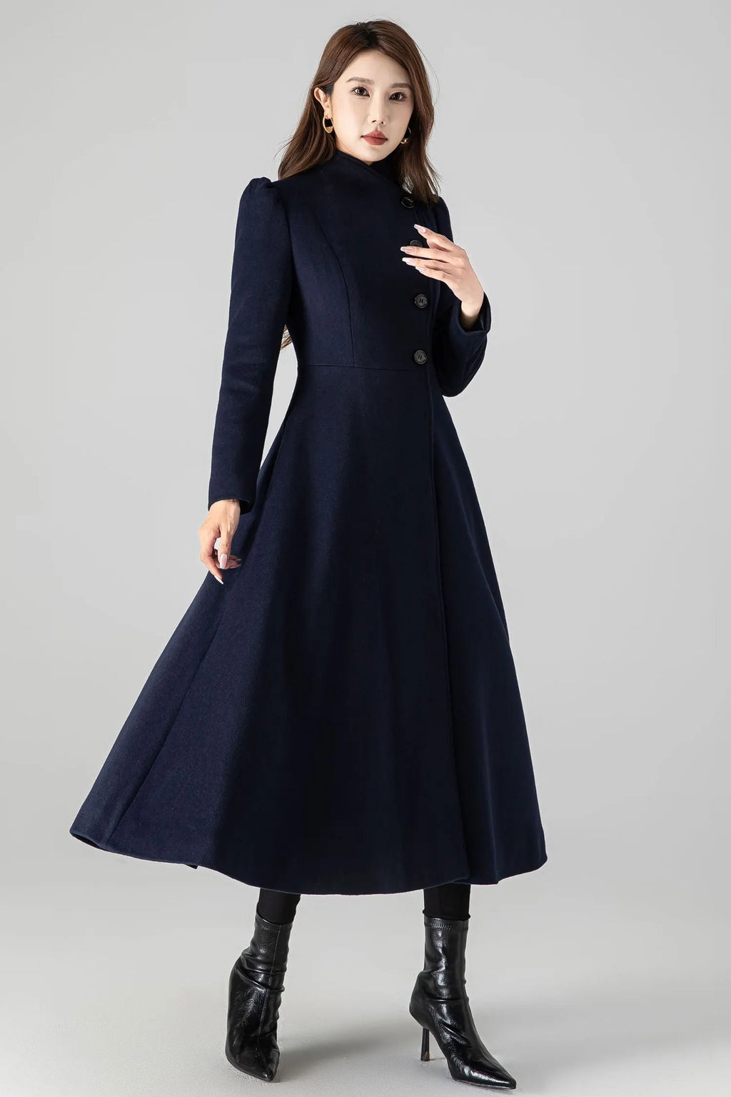 Dark Blue Wool Blend A-Line Coat - Long Silhouette with Pockets 4506