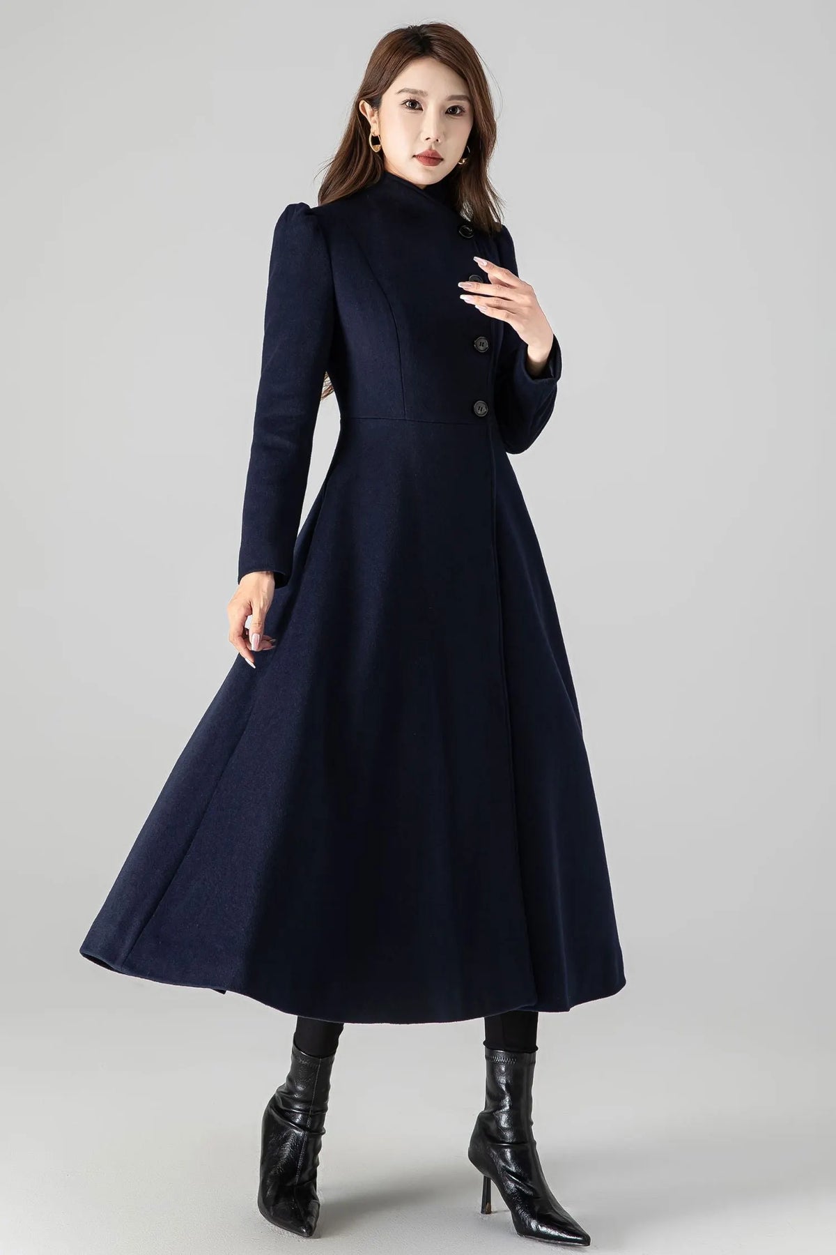 Dark Blue Wool Blend A-Line Coat - Long Silhouette with Pockets 4506