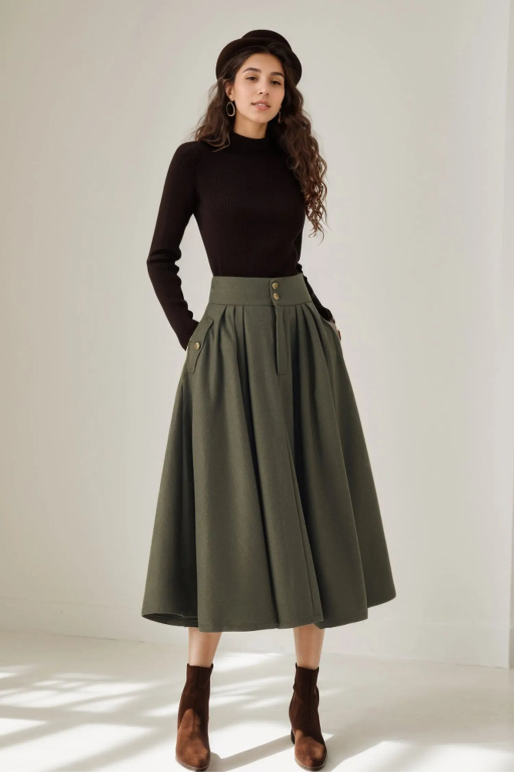 Vintage Wool Blend Pleated Midi Skirt – Handmade High Waist Winter Skirt 