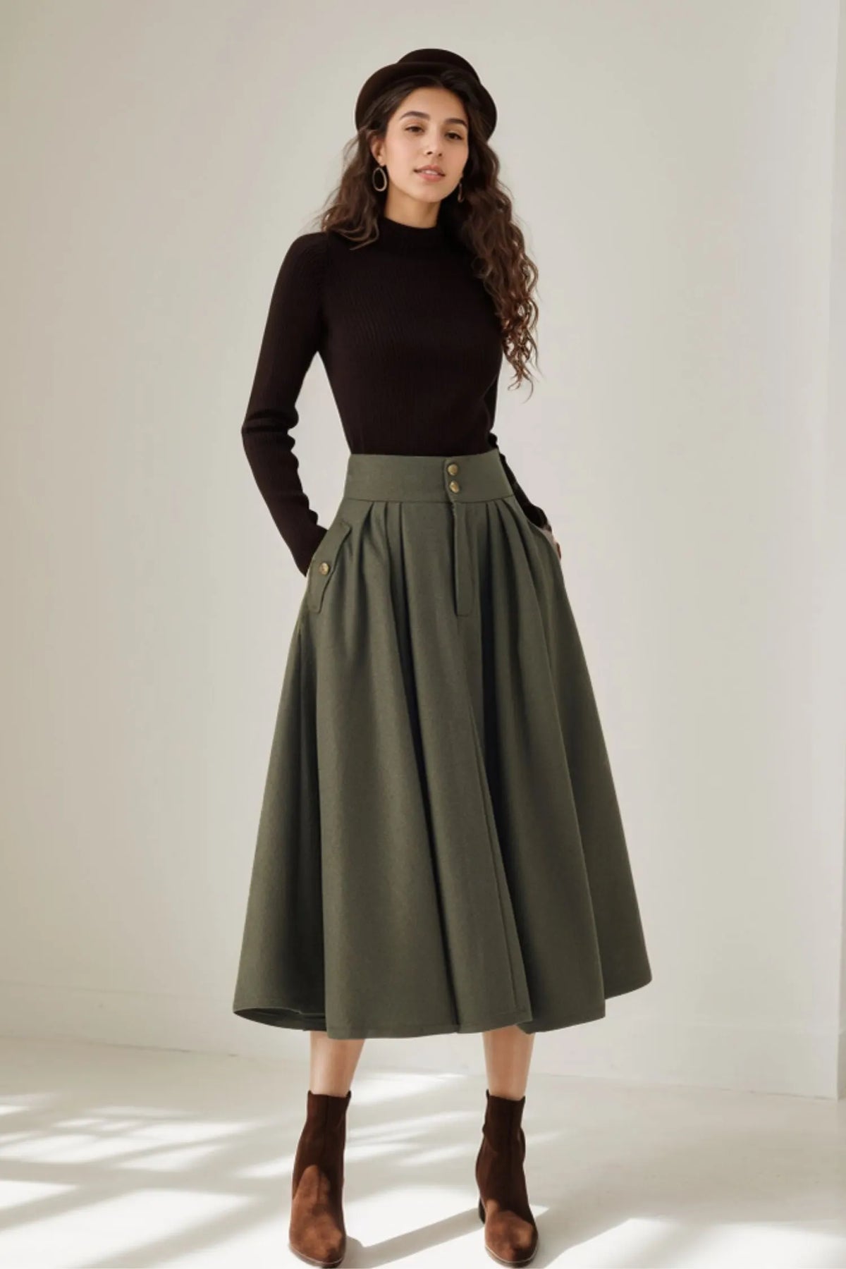 Vintage Wool Blend Pleated Midi Skirt – Handmade High Waist Winter Skirt 