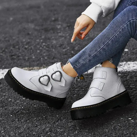 Women's Ankle Boots – Leather, Heart-Shaped Buckles, Casual for Everyday Wear
