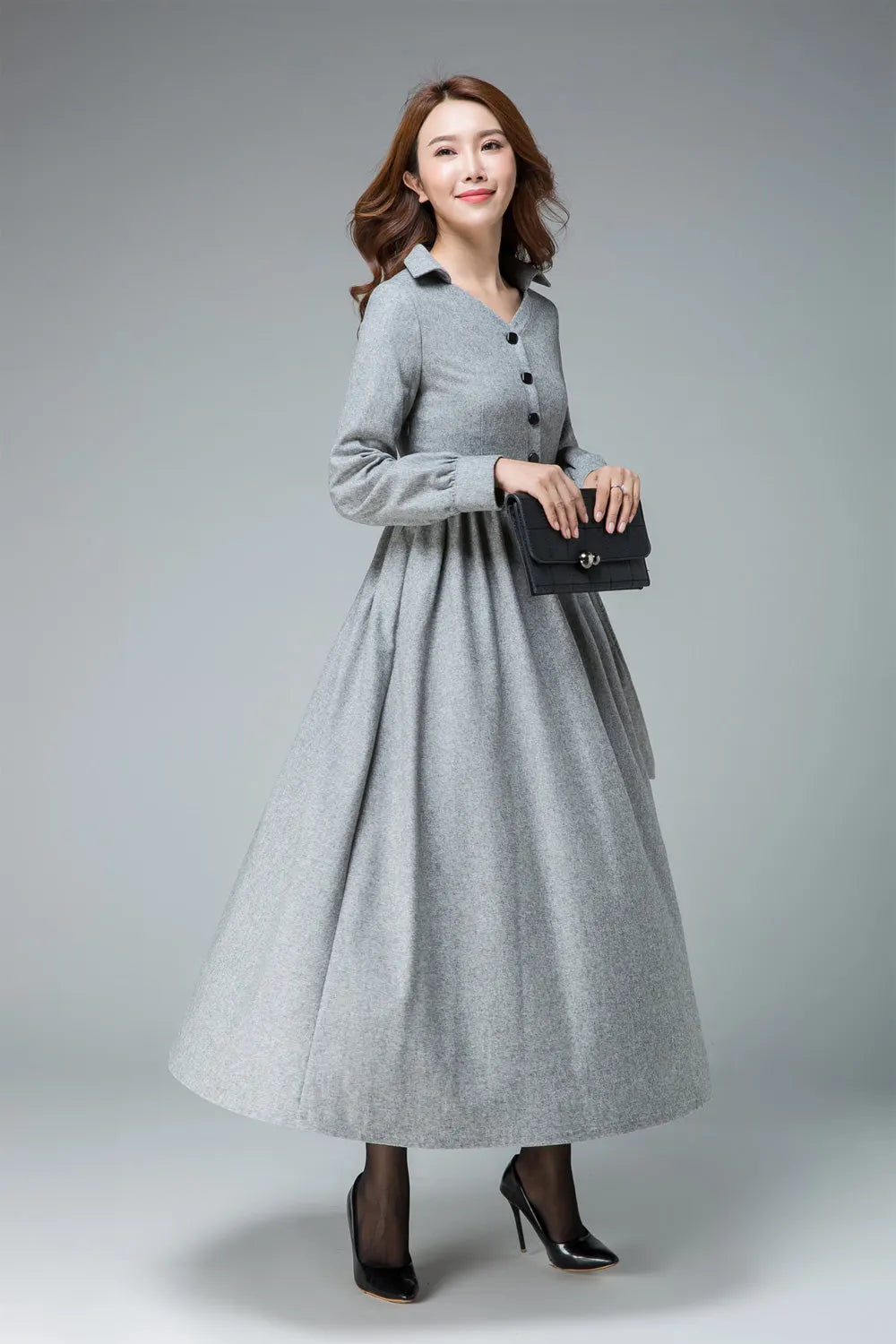 Handmade Light Gray Wool Dress Coat – Elegant Belted V-Neck Winter Midi Dress 