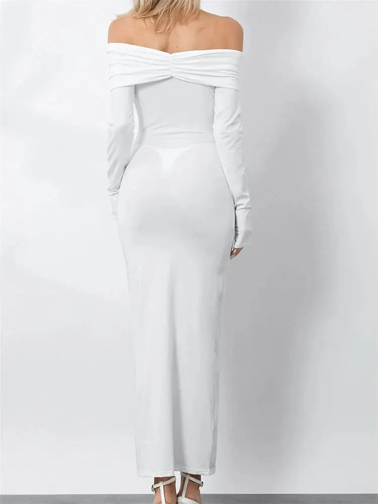 Women Ruched Slash Neck Off-shoulder Sleeve Solid Slim Fit Bodycon Cocktail Party Vestidos