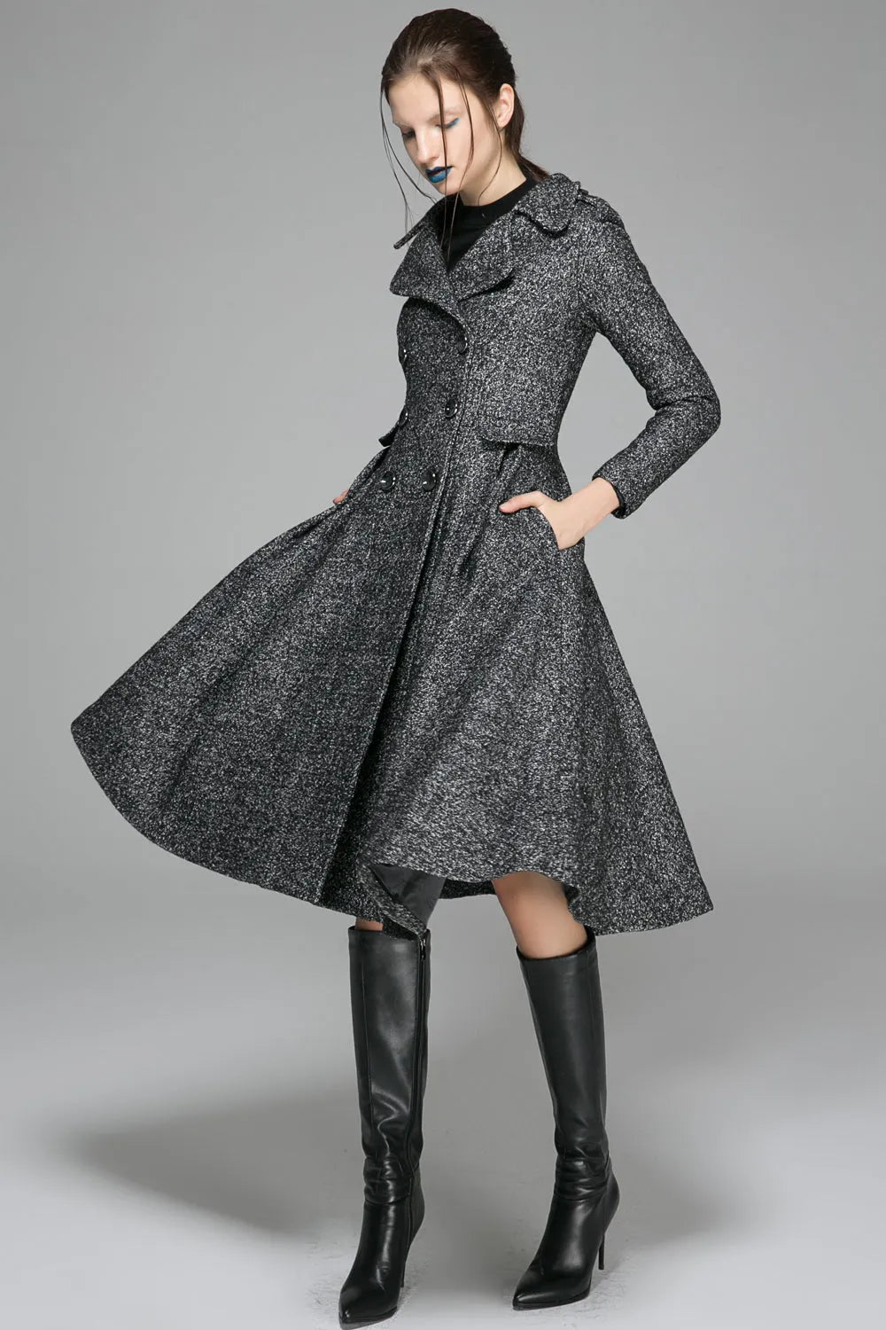 Black Wool Coat - Fit and Flare Silhouette with Pleated Detail 1373