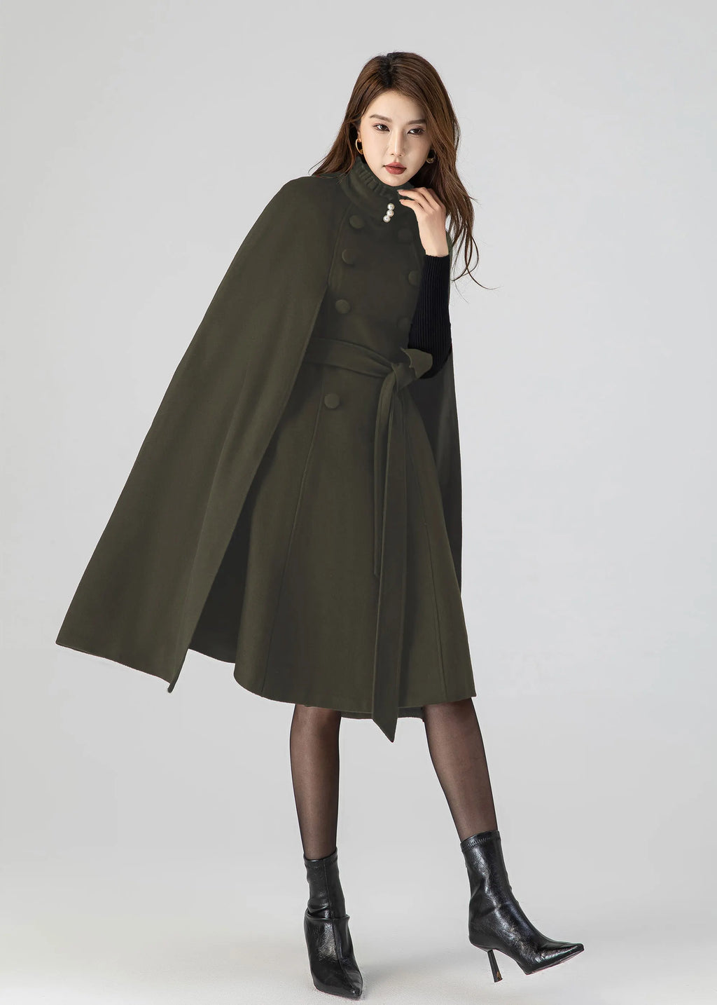 Army Green Wool Cape Coat – Women’s Vintage Stand Collar Cloak with Belt 5552