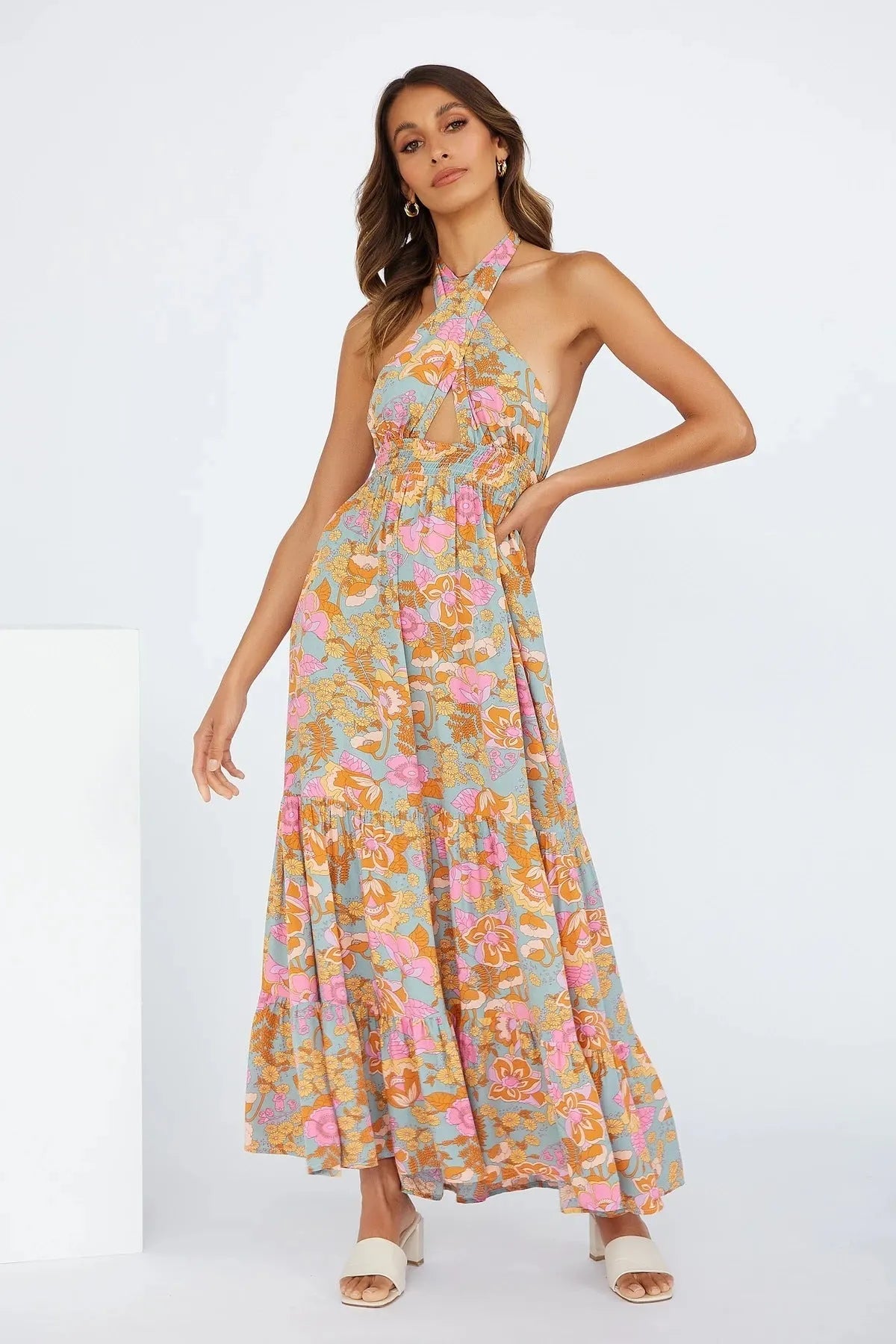 Love Games Printed Backless Halter Maxi Dress