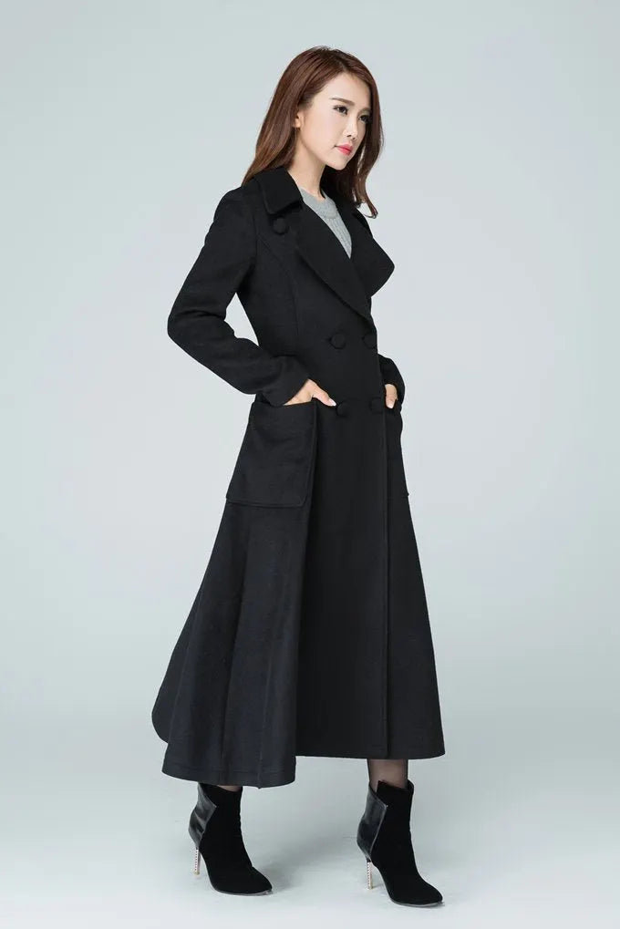 Black Wool Long Coat - High Waist, Double-Breasted Fit 1607