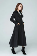 Black Wool Long Coat - High Waist, Double-Breasted Fit 1607