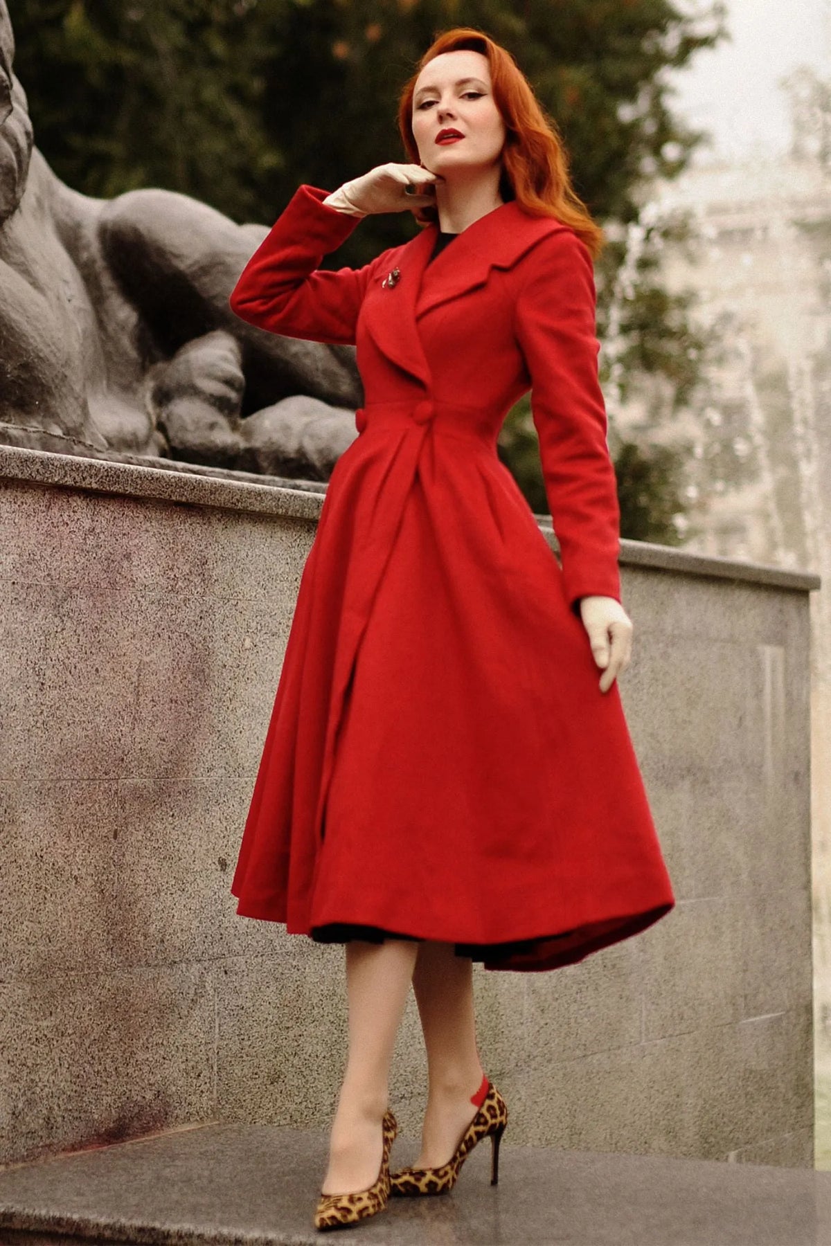 Elegant Red Wool Blend Coat – Handmade Fit & Flare Long Winter Coat 