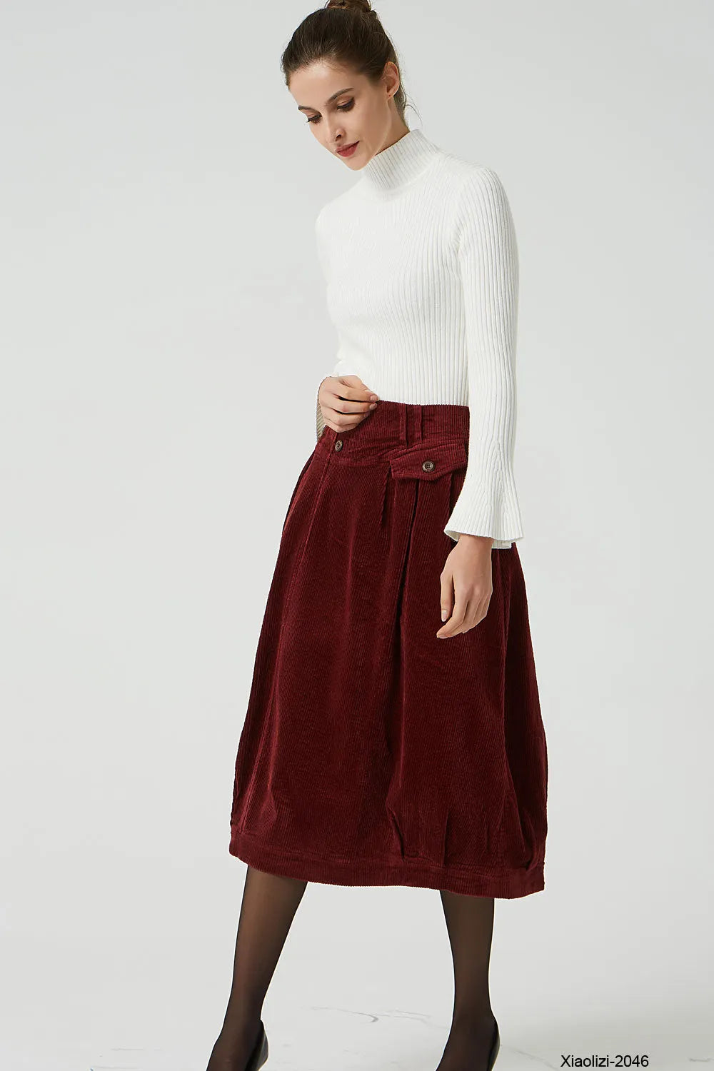 Wine Red Corduroy Bubble Skirt - Elastic Waistband, Pockets 2046
