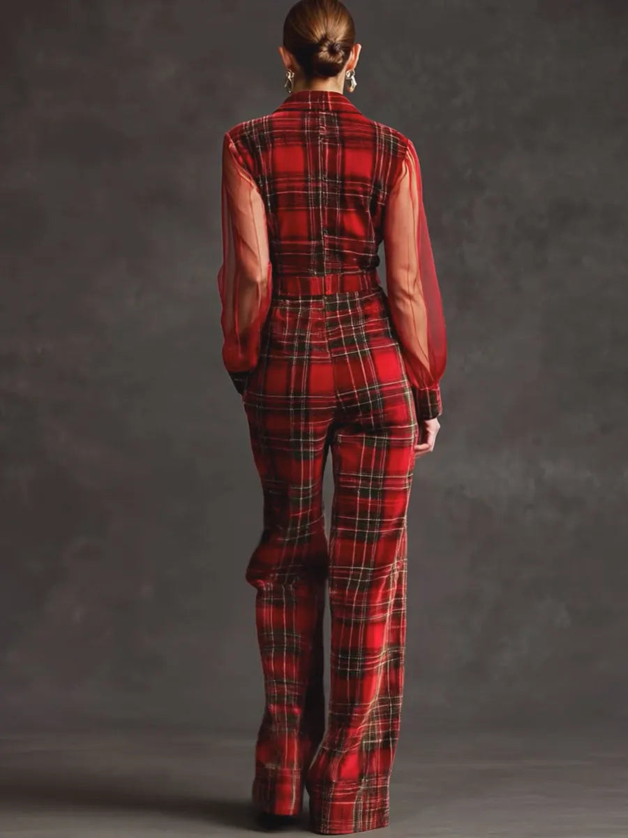 Retro Long-sleeved Mesh Red And Green Plaid Velvet Wide-leg Jumpsuit