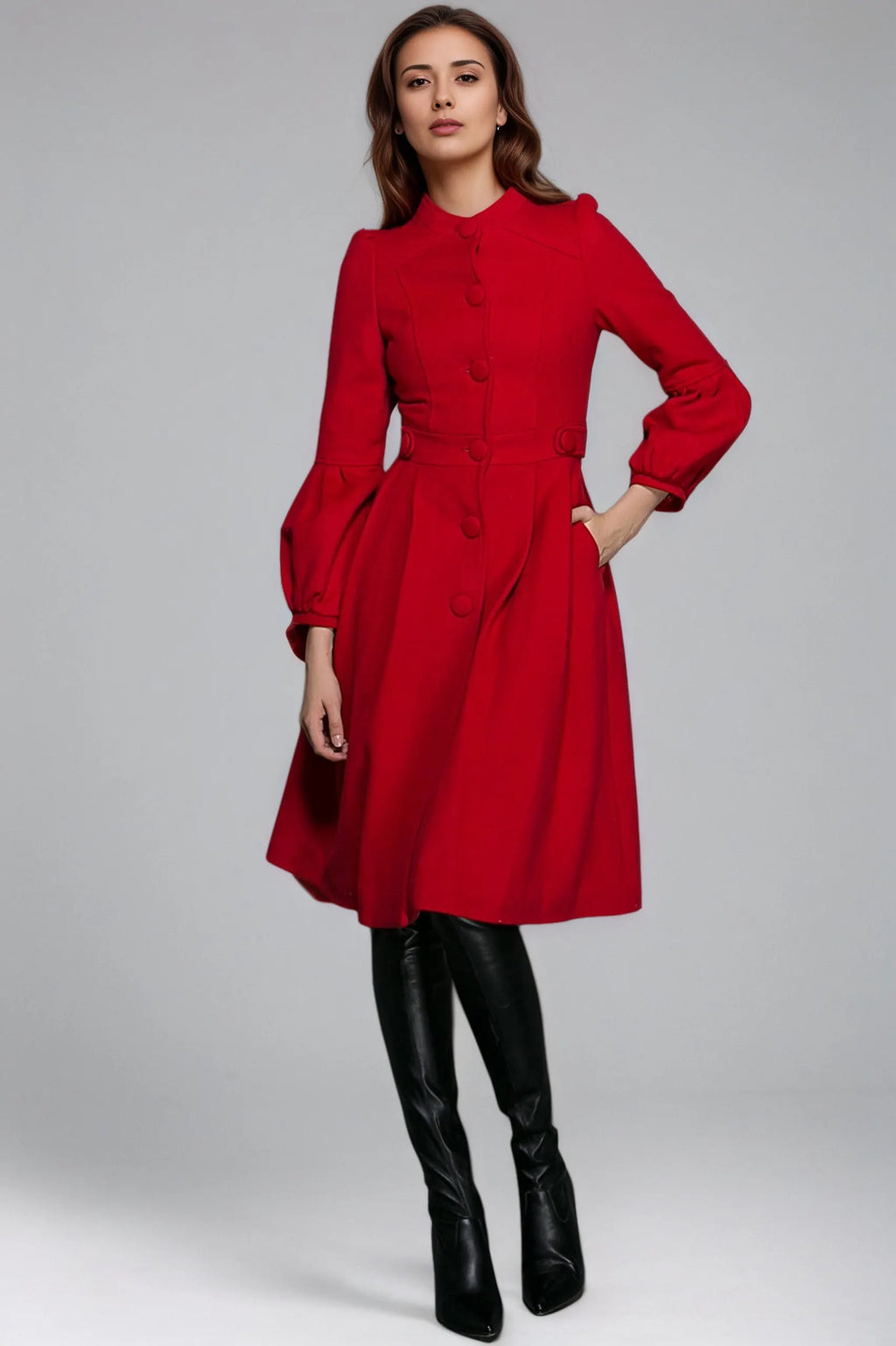 Vintage Red Wool Princess Coat – Bracelet Sleeves, Below-Knee, Pleated Skirt 6350