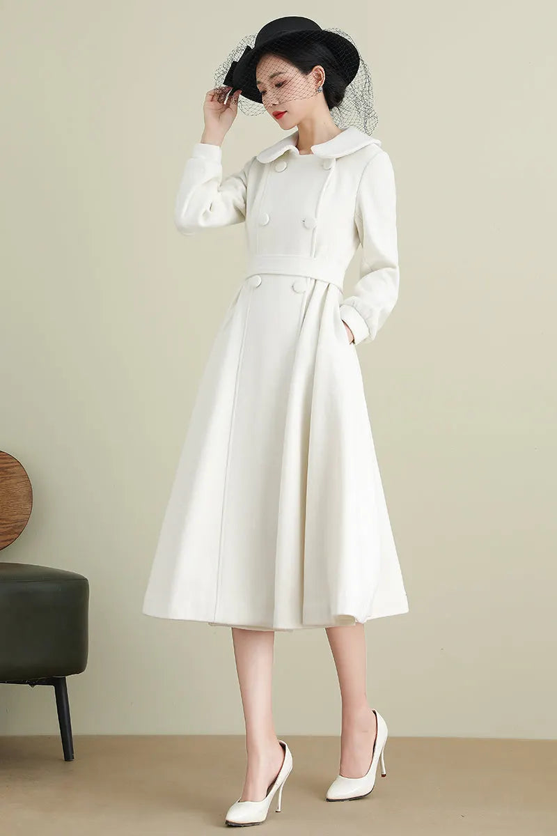 Handmade White Wool Coat – Long A-Line Swing Winter & Wedding Overcoat for Women 