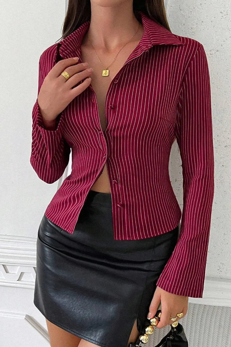 Collared Flared Sleeve Button Front Shirt Blouse