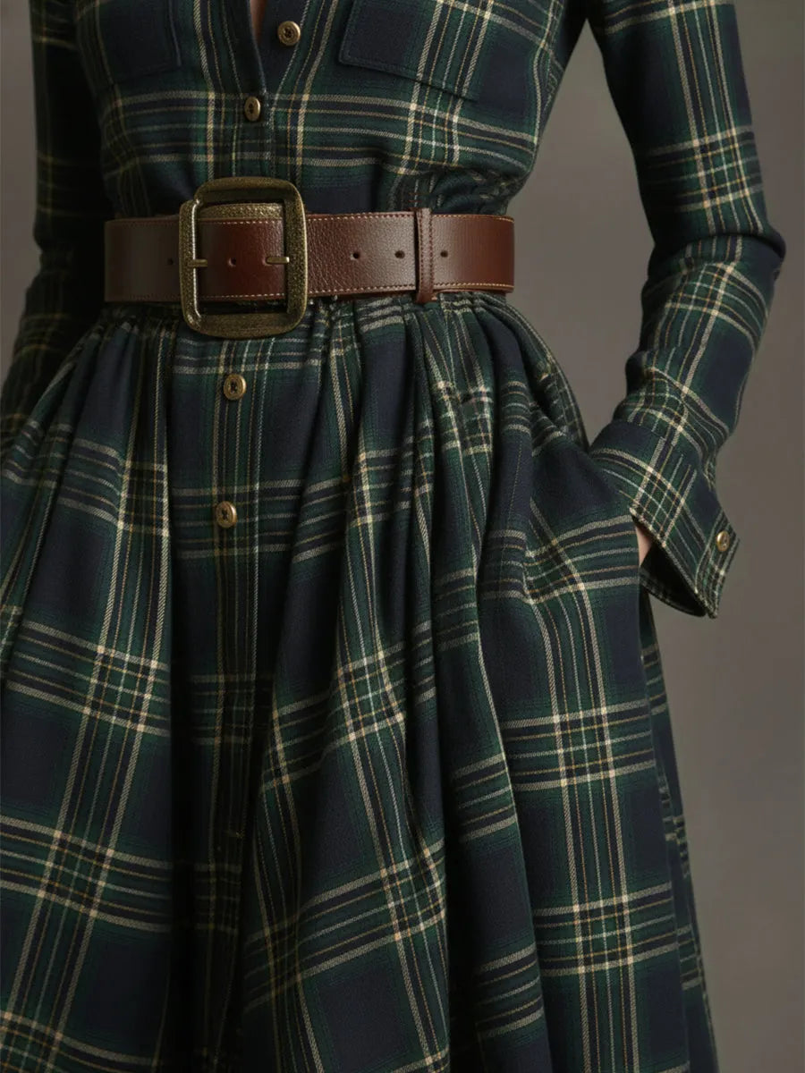Retro Ethnic Style Lapel Reddish Brown Plaid Maxi Dress