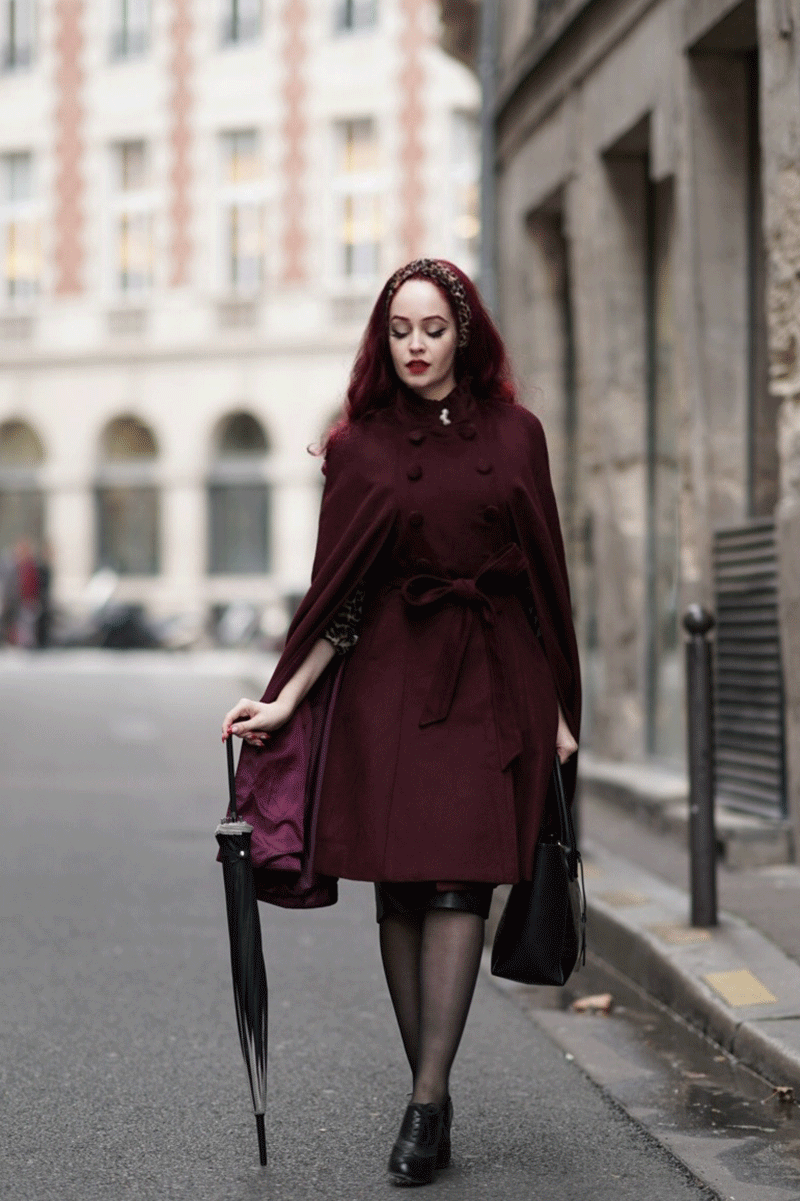 Burgundy Wool Cape Coat – Handmade Vintage Stand Collar Cloak with Belt 4728