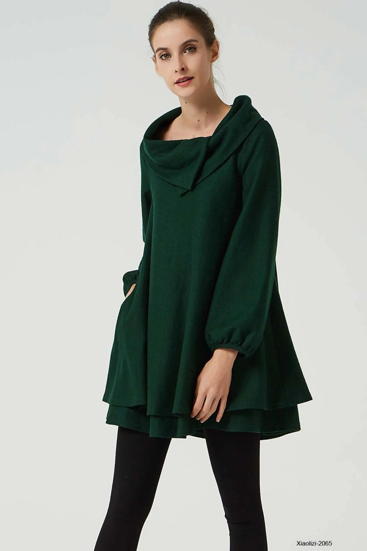 Army Green Wool Tunic Dress - Draped Cowl Neck & Layered Hem 2065