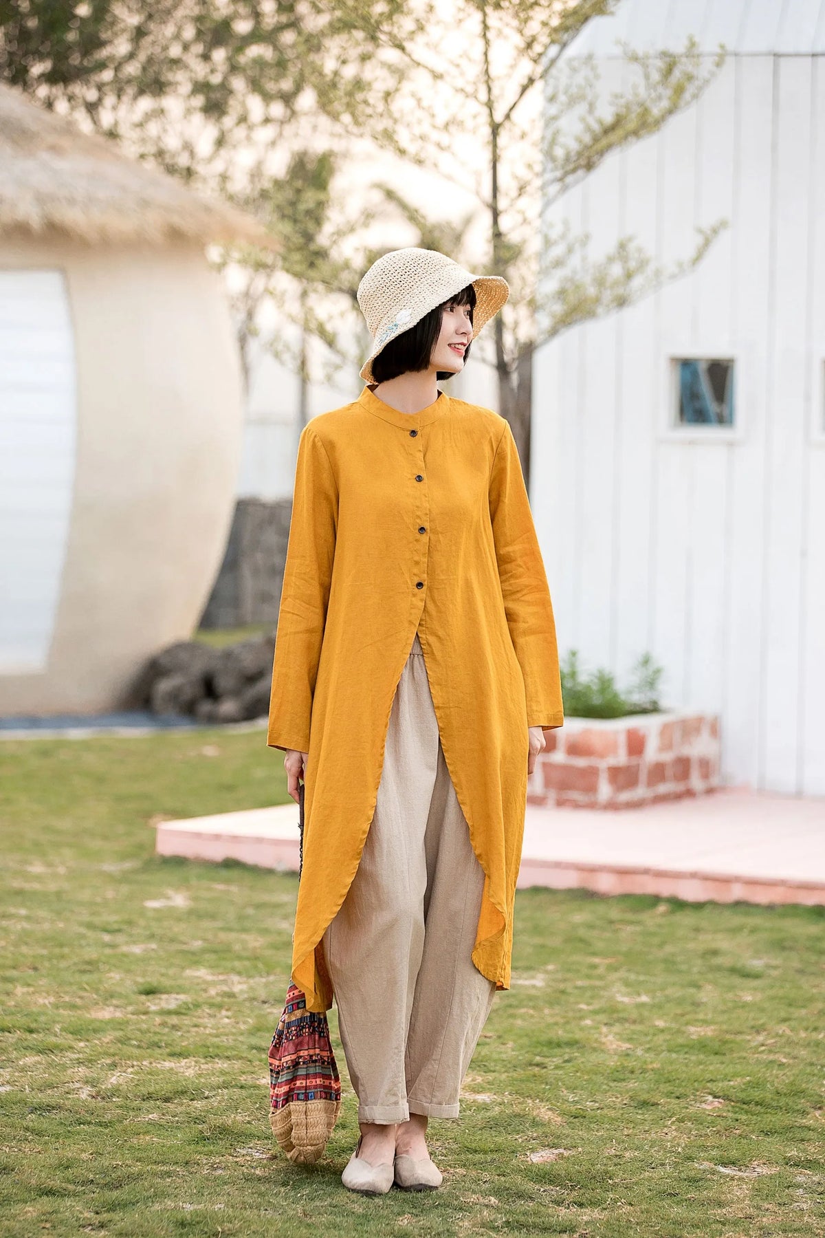 Yellow Linen Cotton Shirt Blouse - High Low Hem, Button-Up 2813