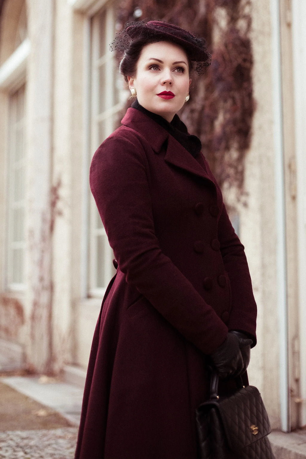 Elegant Burgundy Wool Blend Coat – Handmade A-Line Long Winter Overcoat 