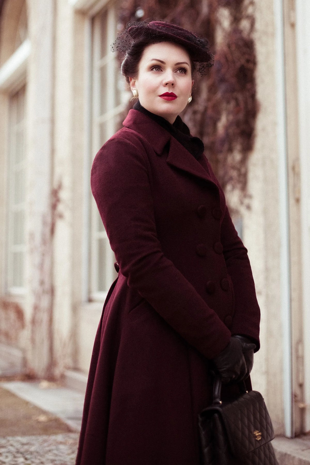 Elegant Burgundy Wool Blend Coat – Handmade A-Line Long Winter Overcoat 