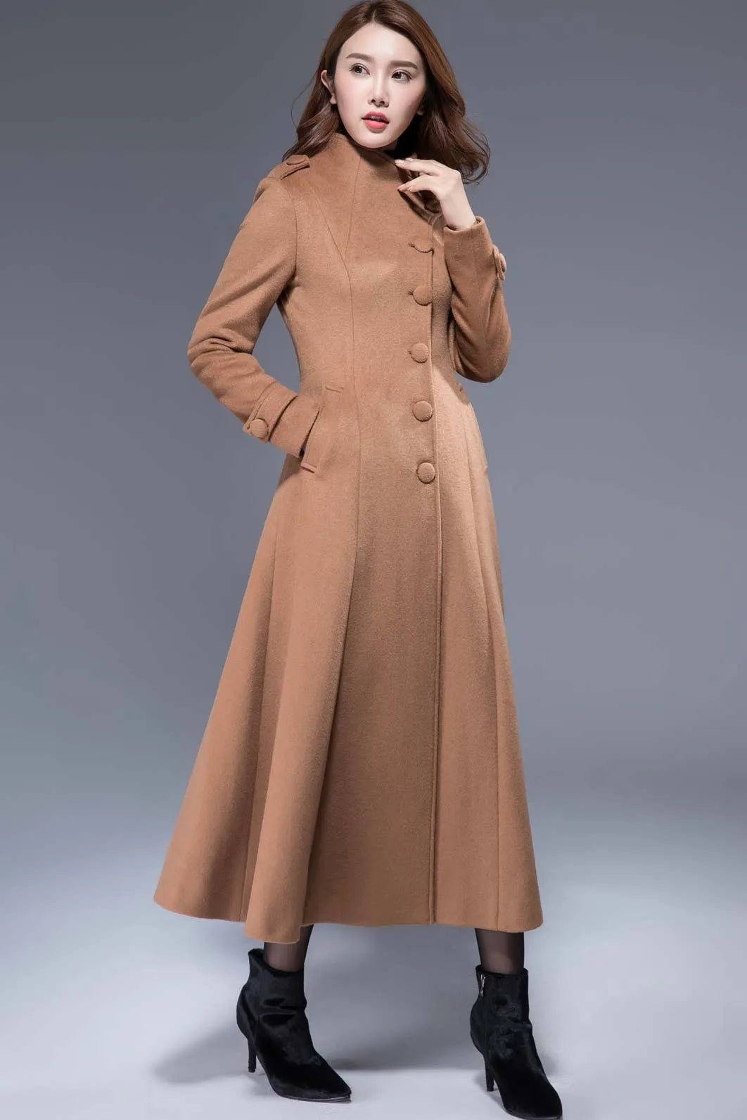 Xiaolizi Camel Long Wool Coat for Women – Handmade High-Neck Fit-and-Flare Winter Coat 1826
