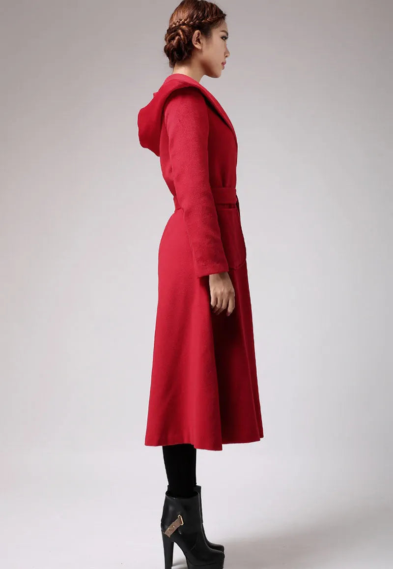 Vintage Wool Coat for Women – Handmade Red Hooded Swing A-Line Winter Coat 
