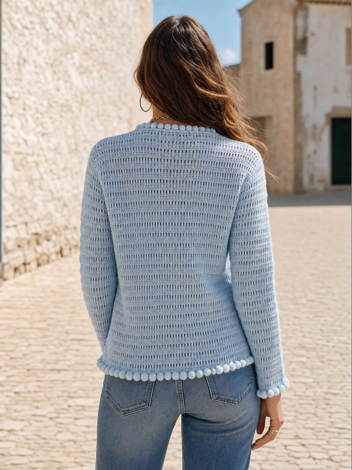 Resort-style Crew-neck Long-sleeve Pom-pom Trim Cardigan