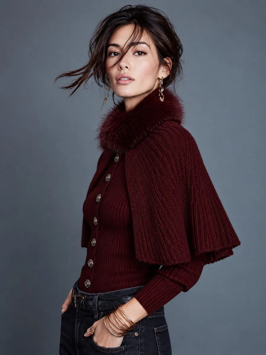 Two-piece Set Of Faux Fur Collar Batwing Sleeve Ribbed Knit Cape Cardigan With Rose Buttons