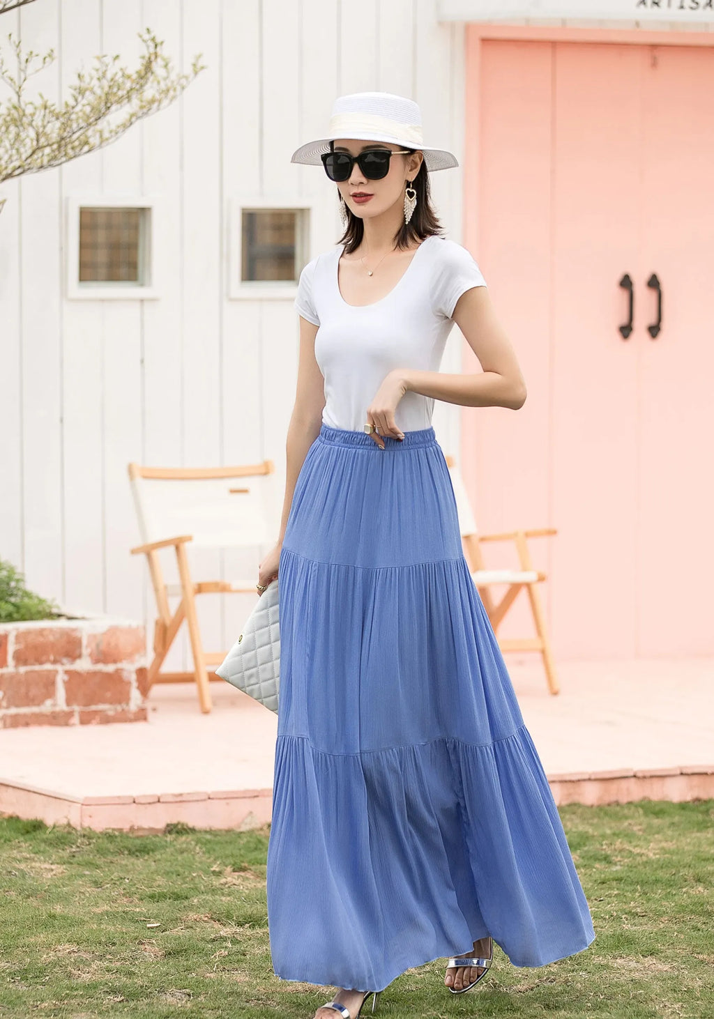 Blue Linen Cotton Maxi Skirt - Tiered, Elastic Waist 2717