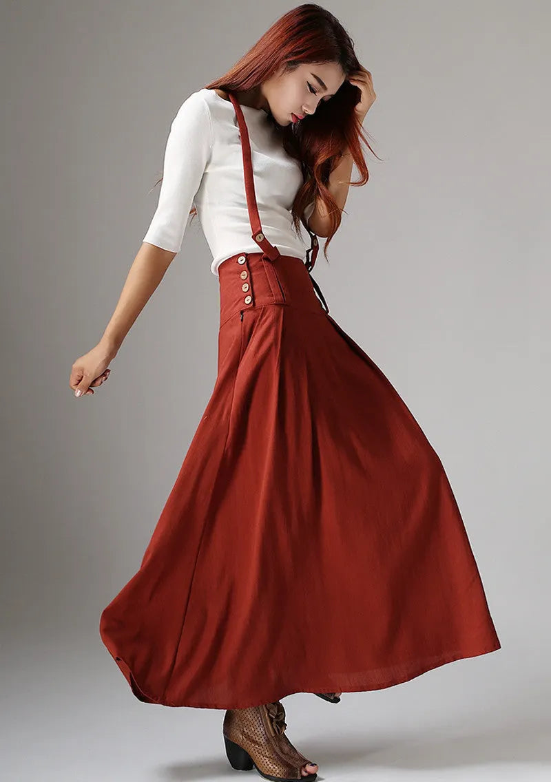Vintage A-Line Suspender Skirt – Dark Rust Linen, Maxi Length – 1035