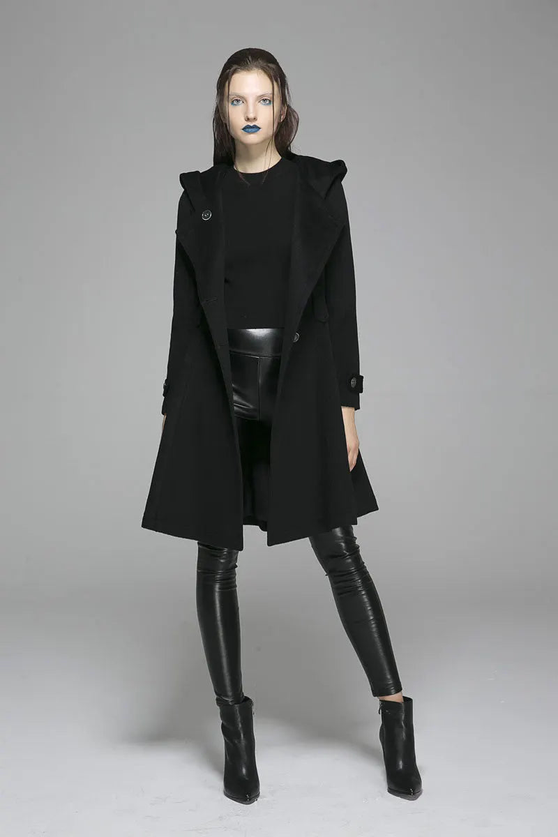 Vintage Wool Coat for Women – Handmade Black Hooded Double Breasted Military Winter Coat 