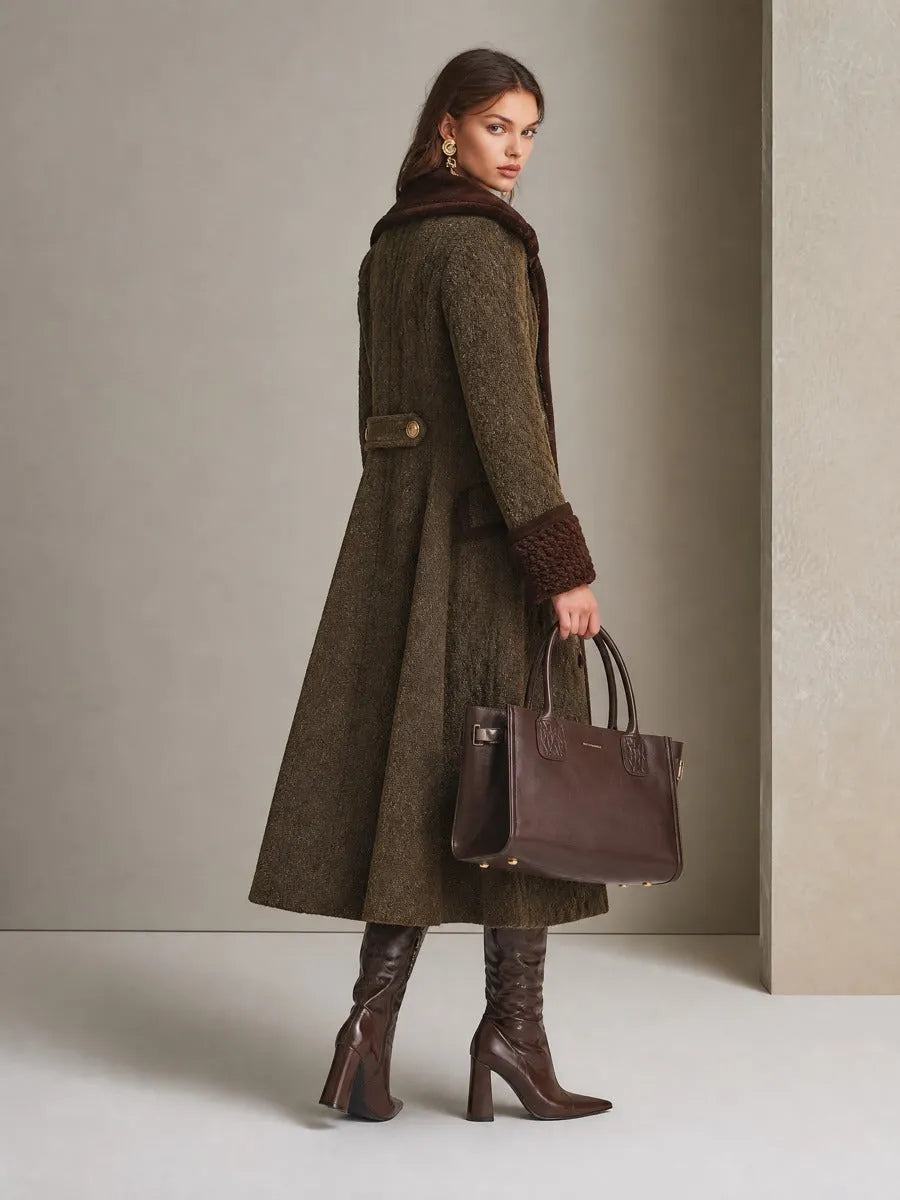 Vintage Double-Breasted Cable Knit Long Coat With Contrast Cuffs