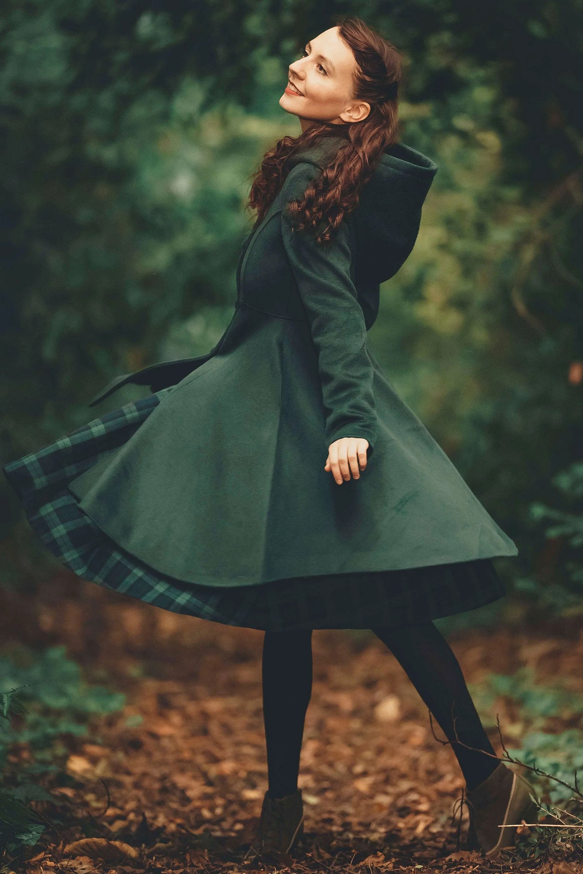 Vintage Green Wool Coat – Handmade Hooded Winter Overcoat for Women 2493