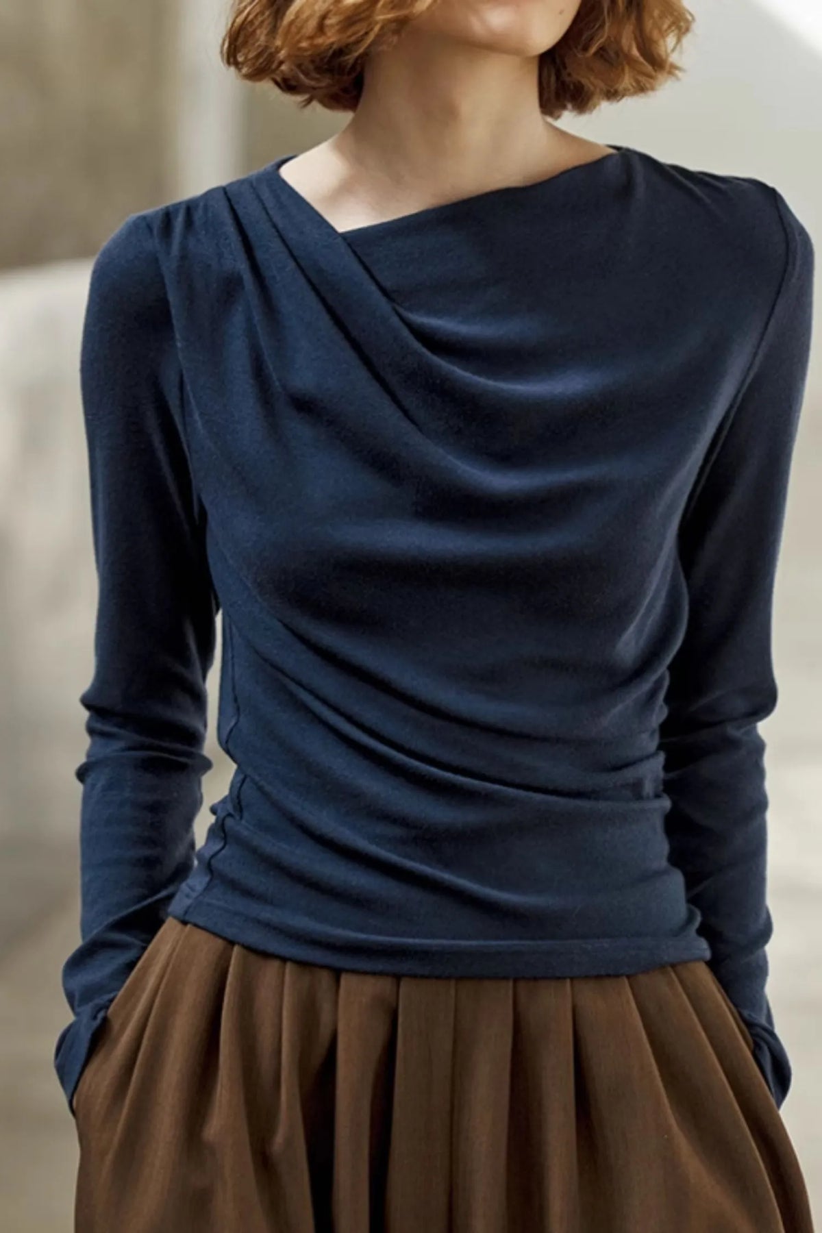 Blue Knit Pleated Top - Long Sleeve Relaxed Fit 