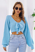 Long Cropped V-Neck Arm Sweater
