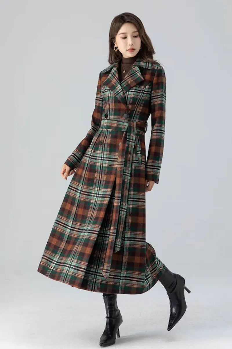 Plaid Wool Coat Maxi - Double Breasted Fit and Flare 4785