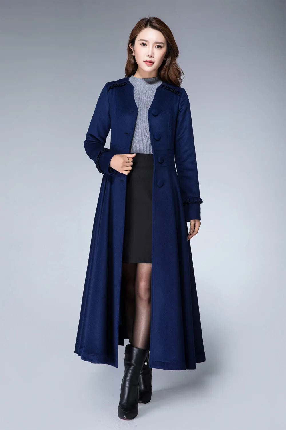 Navy Wool Coat – Handmade Vintage Maxi Winter Coat with Ruffle Trim 