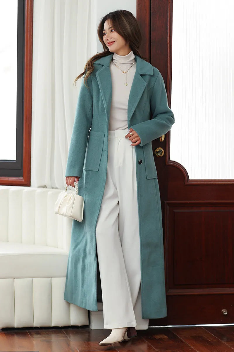 Minimalist Wool Blend Coat – Handmade Light Teal Long Winter Overcoat 
