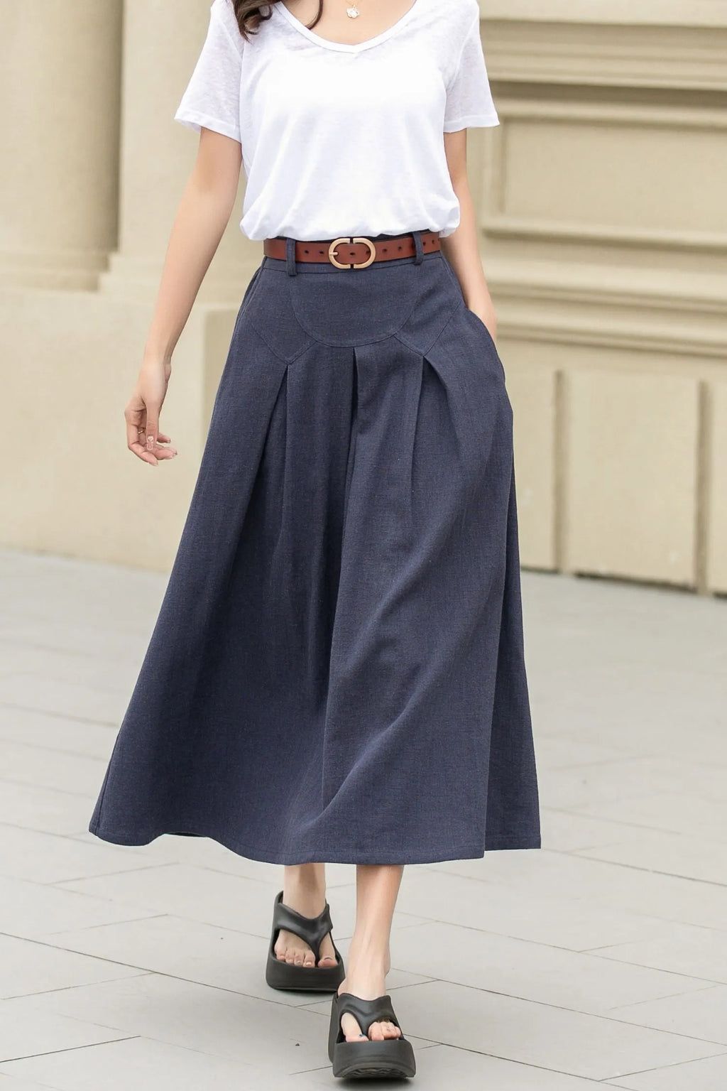 Dark Blue Linen Cotton Midi Skirt - A-Line with Pockets 4943