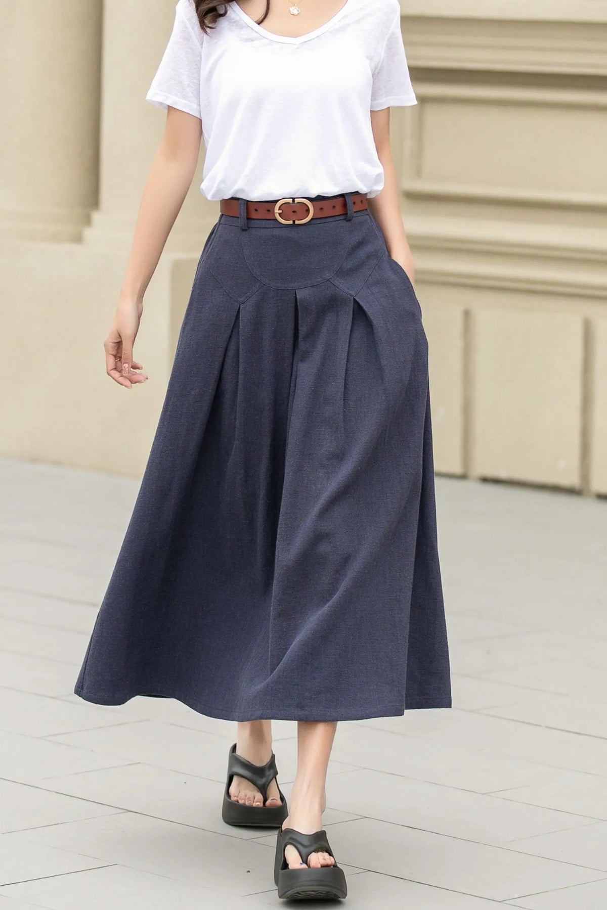 Dark Blue Linen Cotton Midi Skirt - A-Line with Pockets 4943