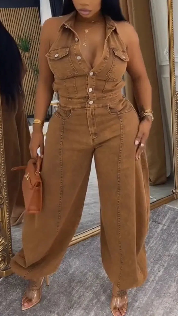 Womens Collared Patchwork Casual Denim Jumpsuit