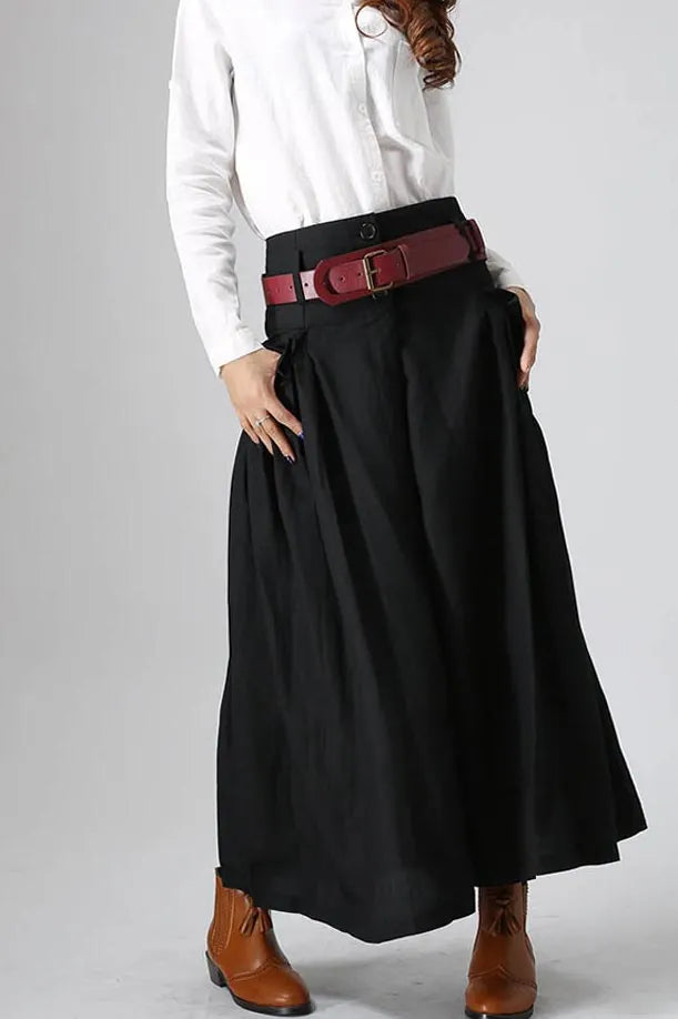 Black Linen Maxi Skirt - Pleated Pockets, Button Front 822