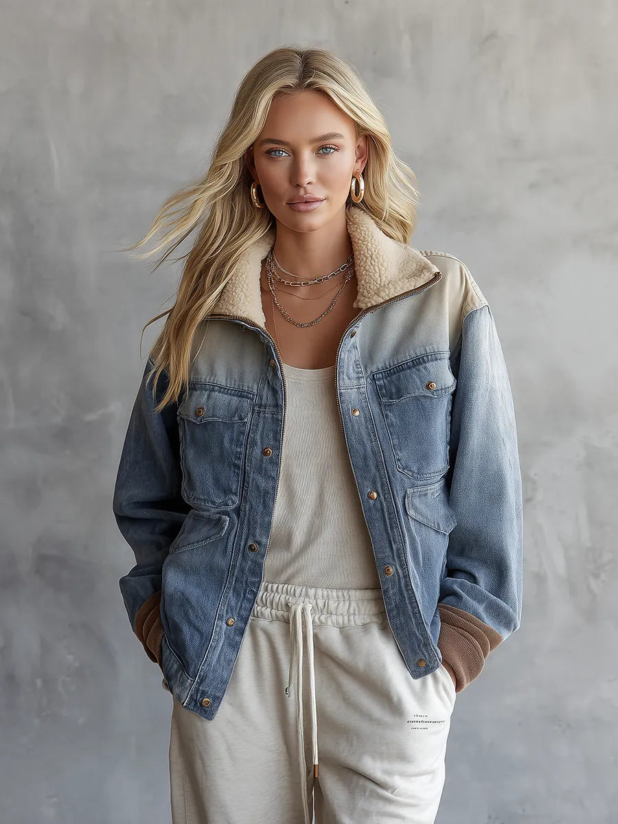 Sherpa Collar Colorblock Denim Jacket